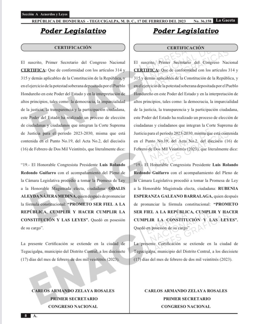 Publicado en el Diario Oficial La Gaceta el decreto que acredita a los magistrados de la Corte Suprema de Justicia para el período 2023 - 2030